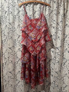 Free People Red Floral Tiered Ruffle Slip Sundress Size 6